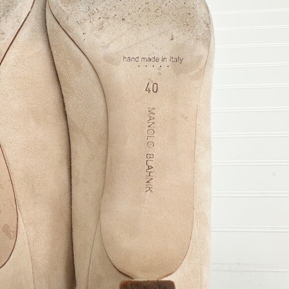 Manolo Blahnik Maysale Suede Tan Buckle Kitten Heel Pumps Nude Pointed Toe 40 - Picture 6 of 10